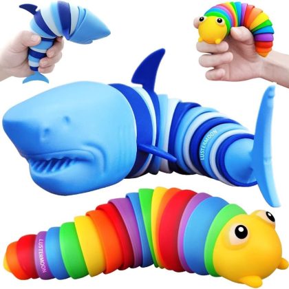 Articulated Fidget Toys 2-Pack, Rainbow Caterpillar & Ocean Shark, Stress Relief Stim Toy