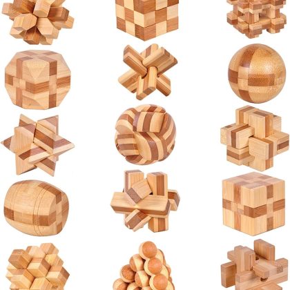 Set of 15 3D Wooden Brain Teaser Puzzles, IQ Challenge Logic Games, Lock Puzzle Gift Box for Adults Teens Kids, 1.8inch