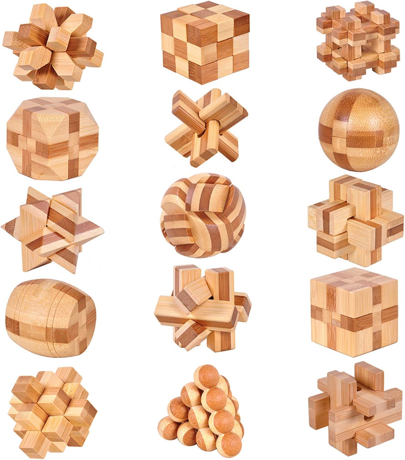Set of 15 3D Wooden Brain Teaser Puzzles, IQ Challenge Logic Games, Lock Puzzle Gift Box for Adults Teens Kids, 1.8inch