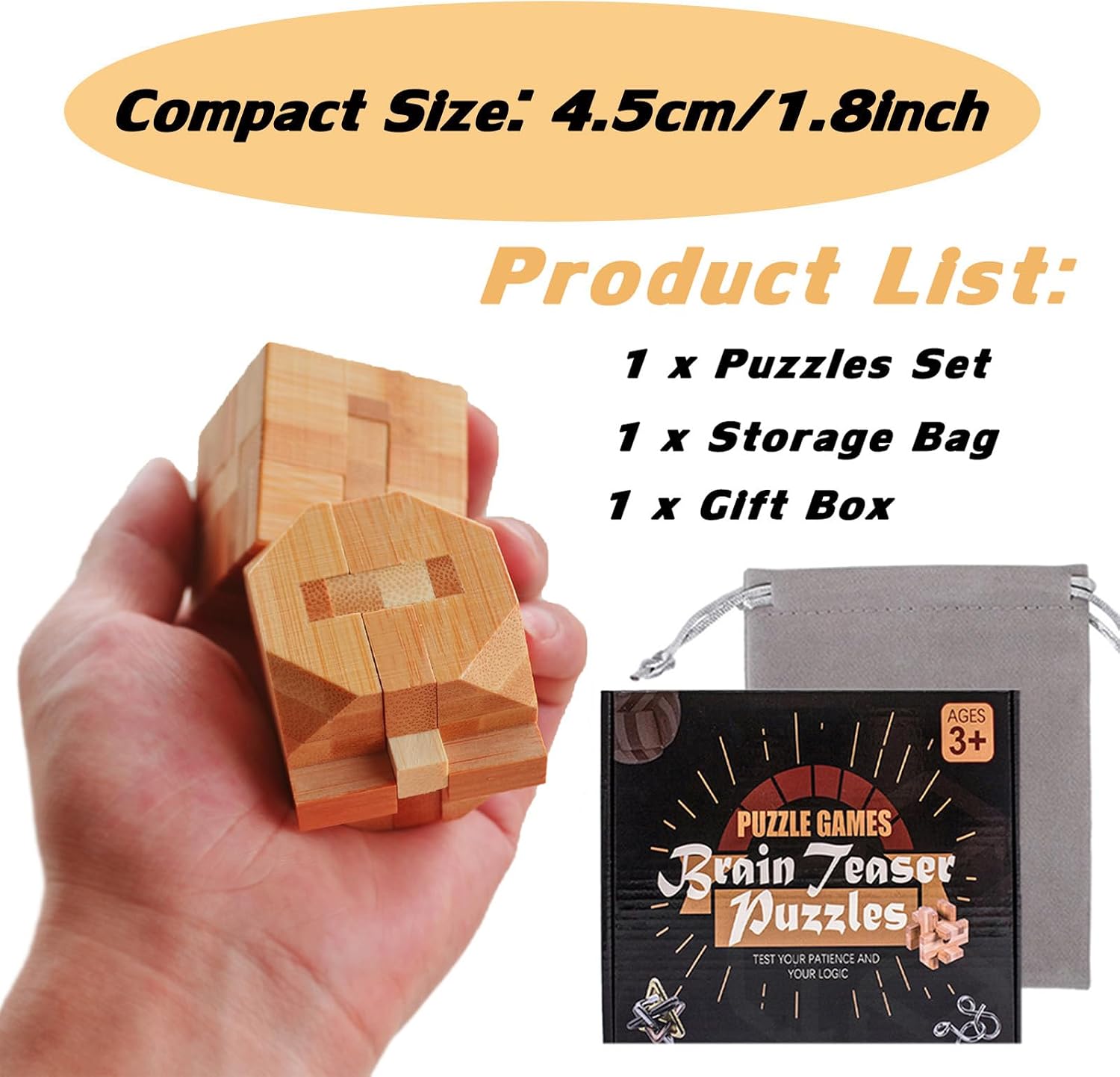 Set of 15 3D Wooden Brain Teaser Puzzles, IQ Challenge Logic Games, Lock Puzzle Gift Box for Adults Teens Kids, 1.8inch - Image 5