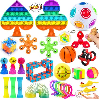 Rainbow Fidget Toy Set, 30Pcs Sensory Toys for Autism ADHD, Stress Reliever with Toy Box Push-It Cube, Rotating Cube, Stress Ball, Anti-Anxiety Gift for Teens & Adults