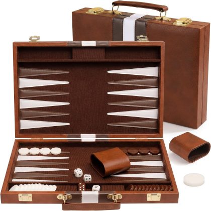 11-Inch Travel Portable Board Game with PU Leather Storage Box and Dice, Brown – 2-Player Family Fun