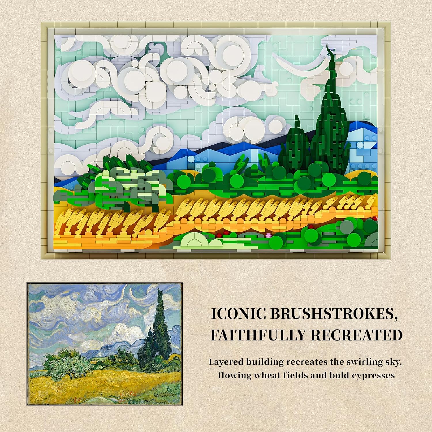 Wheat Field With Cypresses Building Blocks With Light, 2632 Pieces, 3D Wall Art or Desk Decor - Image 2