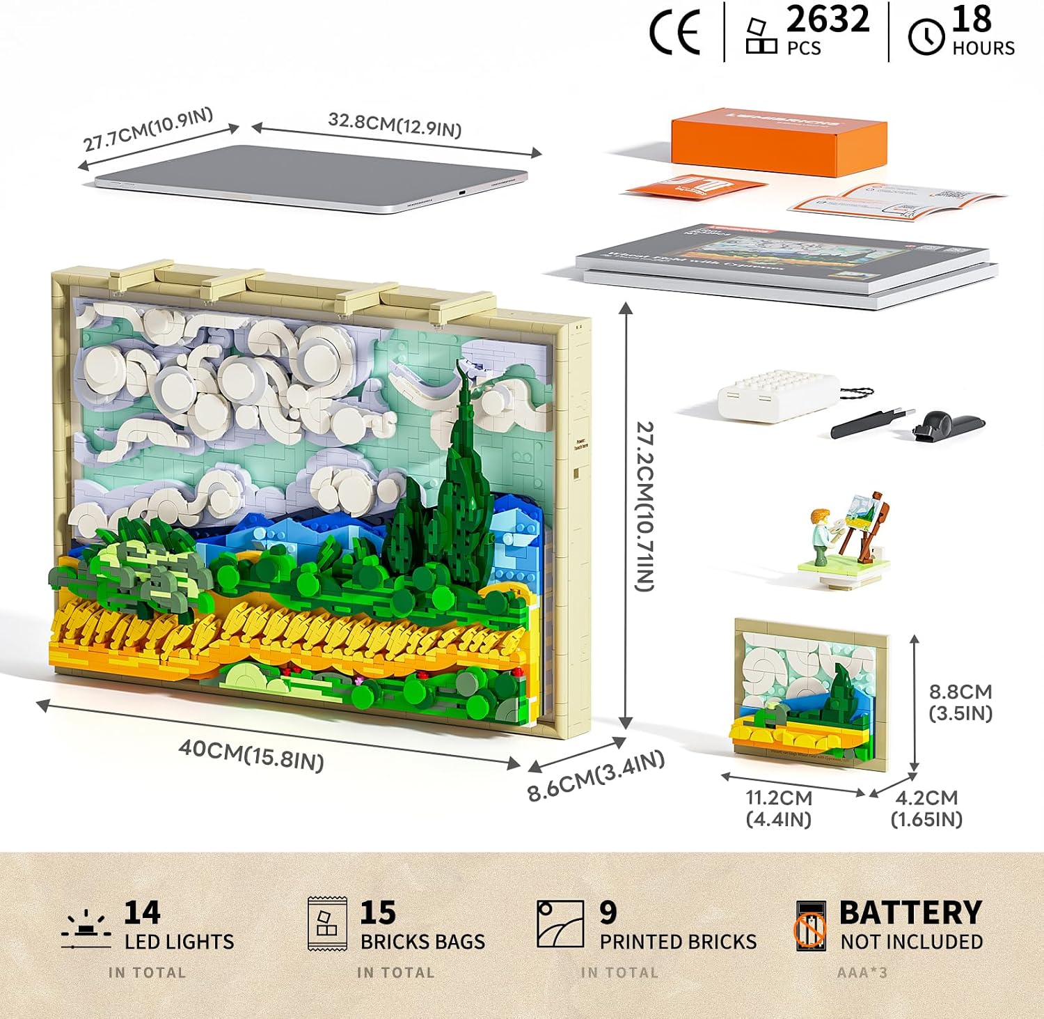 Wheat Field With Cypresses Building Blocks With Light, 2632 Pieces, 3D Wall Art or Desk Decor - Image 3
