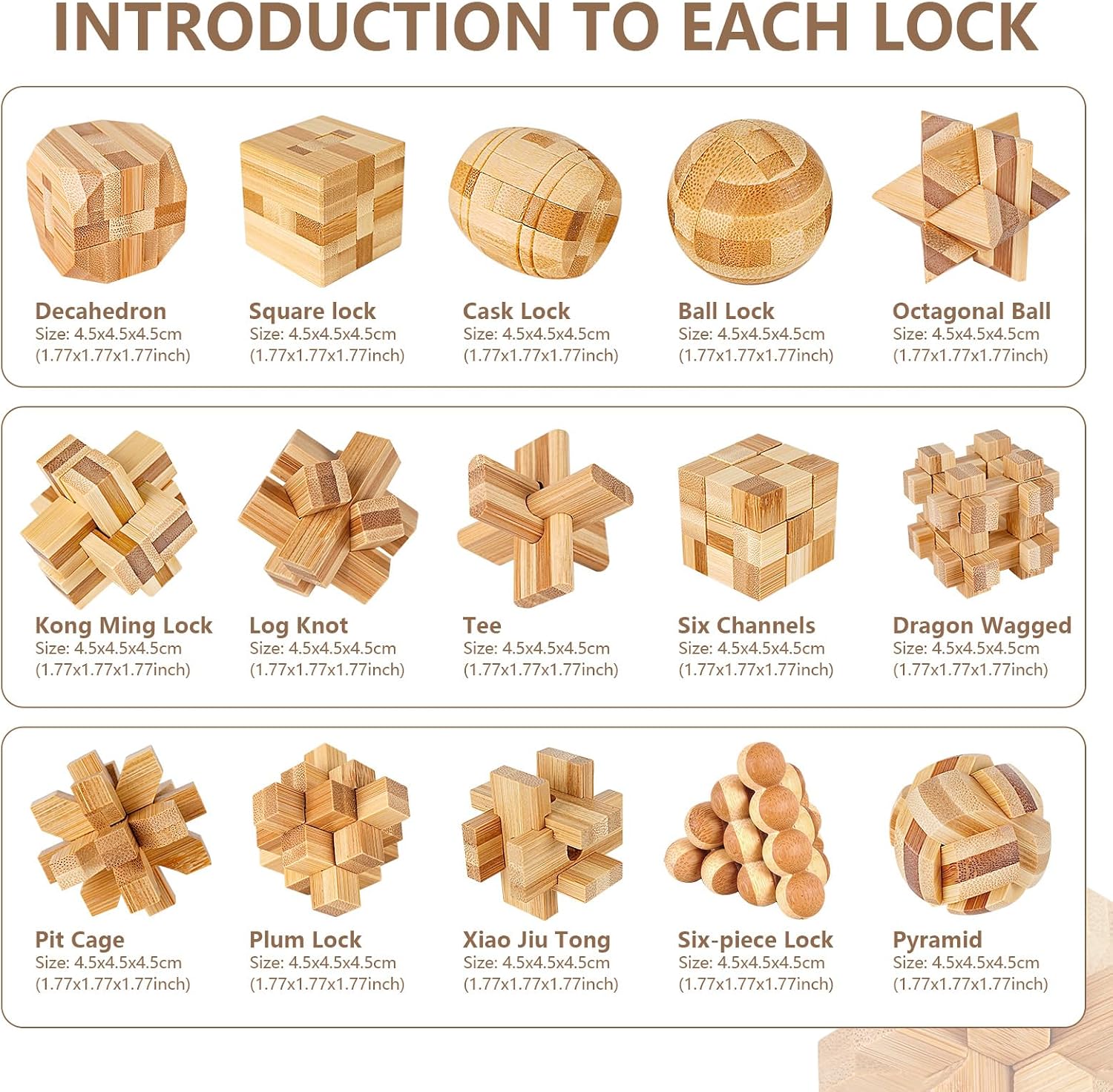 Set of 15 3D Wooden Brain Teaser Puzzles, IQ Challenge Logic Games, Lock Puzzle Gift Box for Adults Teens Kids, 1.8inch - Image 2